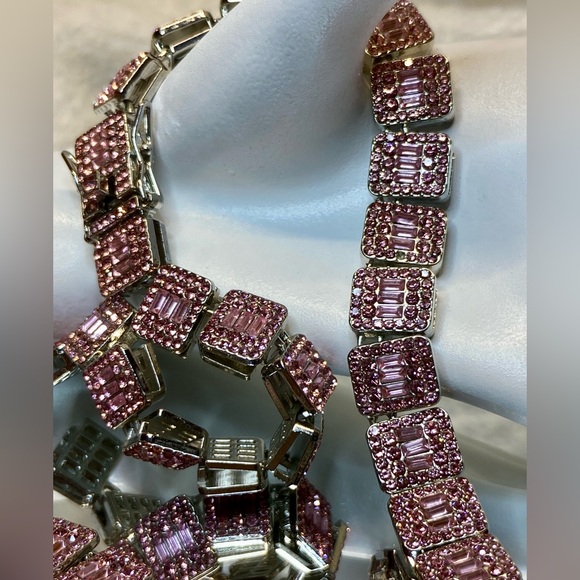 Stunning Pink Glass Rhinestone Statement Necklace Stainless Steel w Safety Clasp - Picture 12 of 13